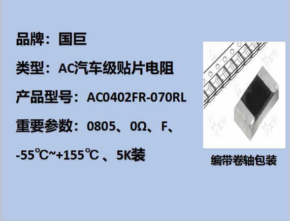 國(guó)巨AC汽車級(jí)貼片電阻0402,F,0Ω,50V,5k裝